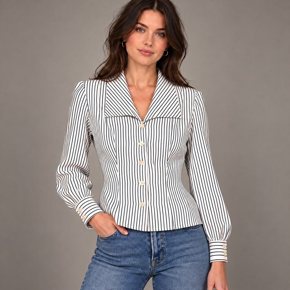 Vintage 90s Y2K Mirrors Pinstripe Blouse USA Statement Collar Officecore M -